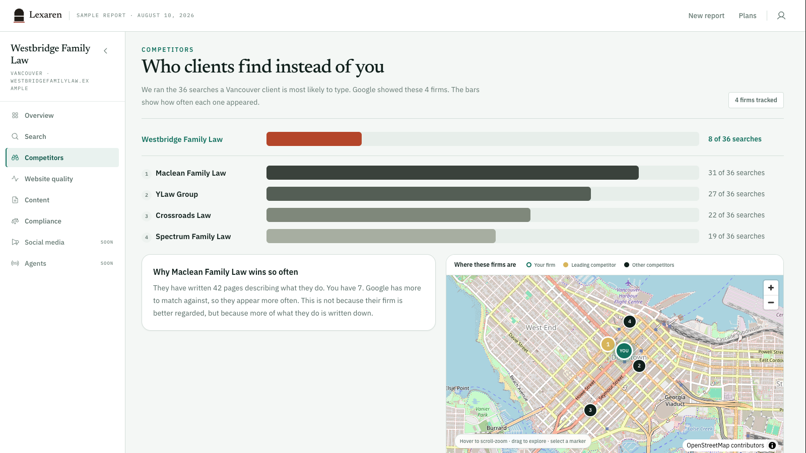 Lexaren competitor report comparing how often firms appear and showing their locations on a map